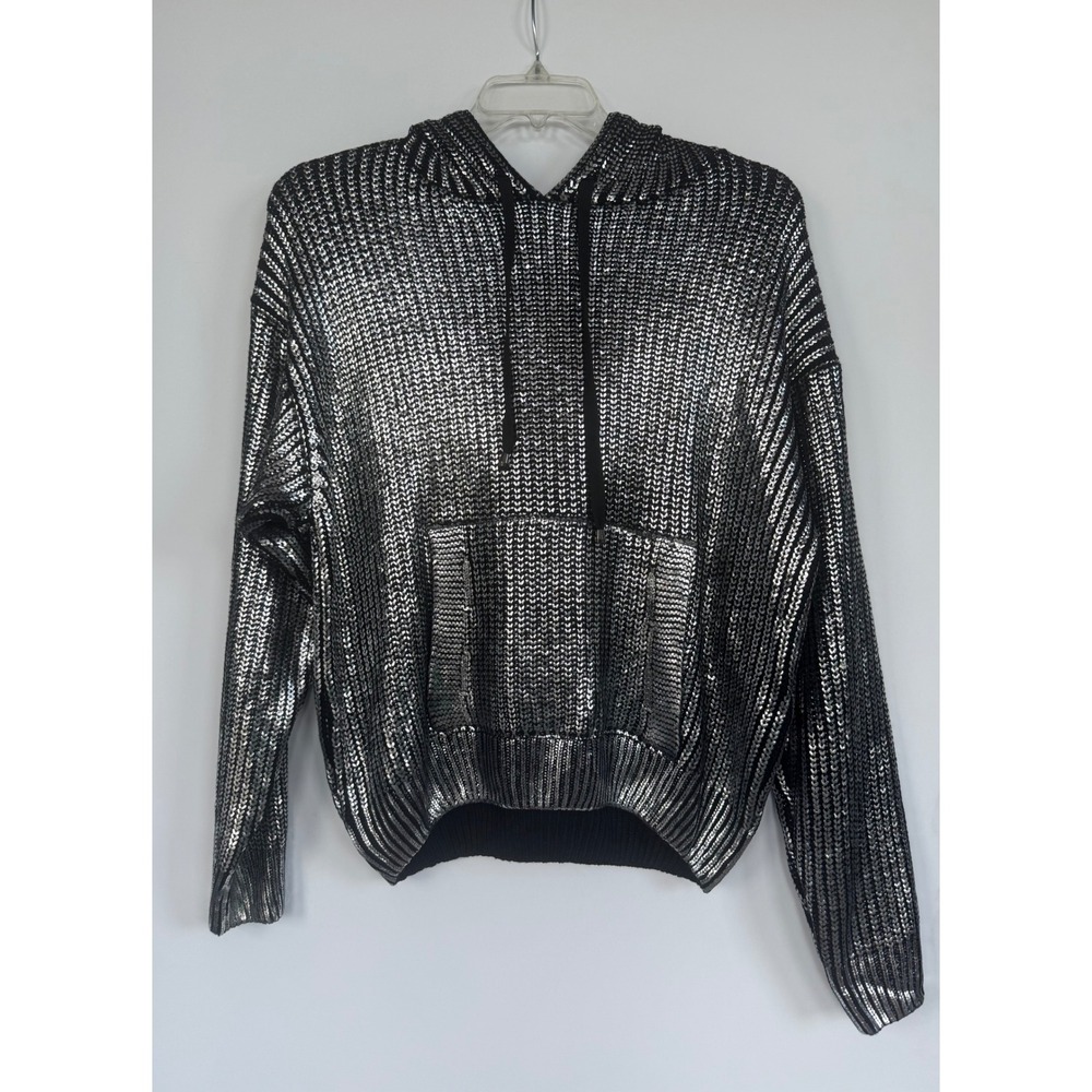 Elan Silver Metallic Knit Hoodie SWF11354 Shiny Foil Pullover Sweater XL Glam